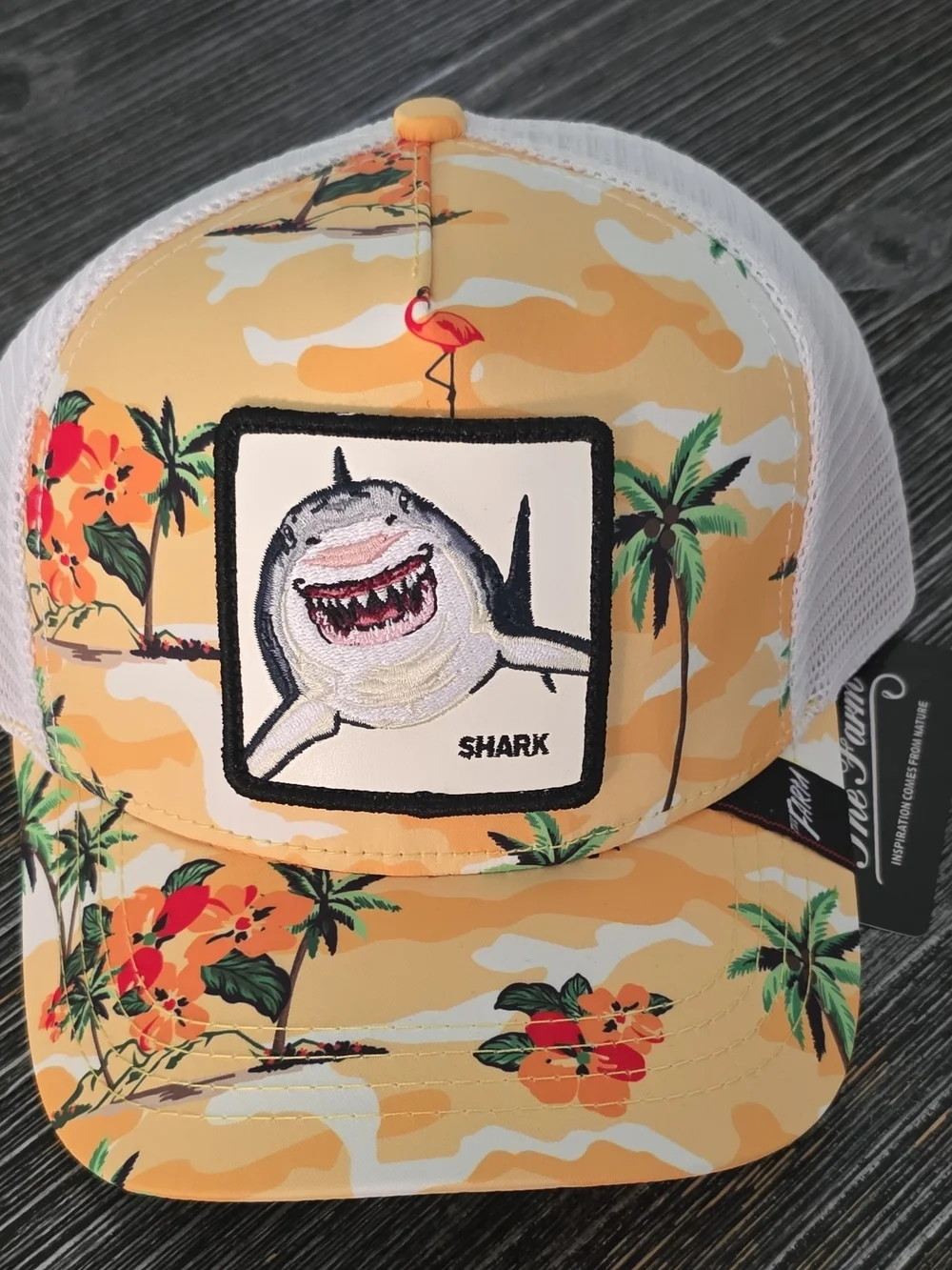 The Farn Yellow Tropical Shark Patch Trucker Hat